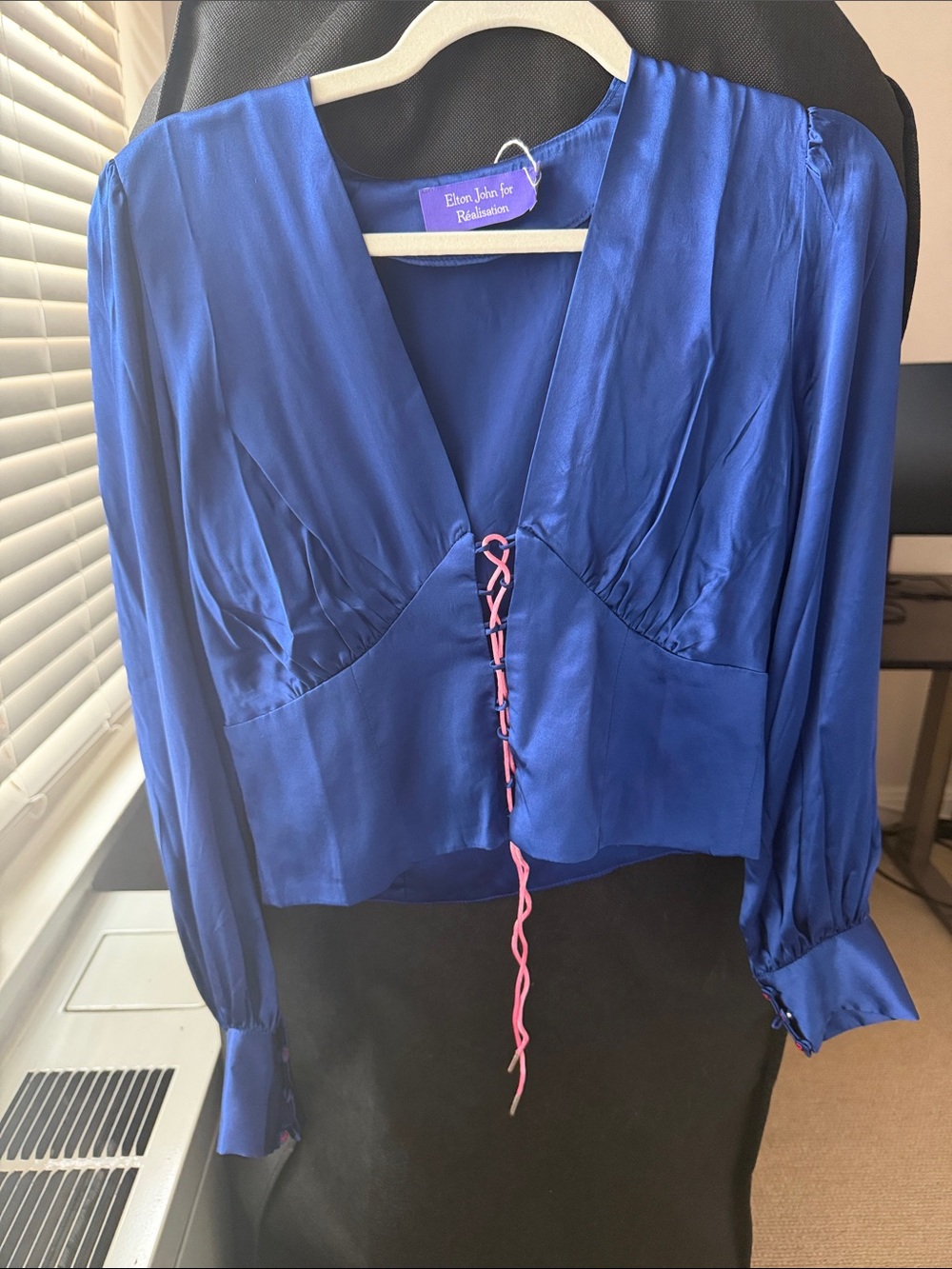 Reformation Par Satin Lace-Up Blue Blouse